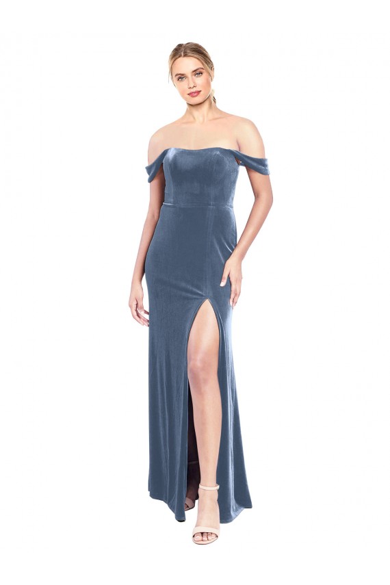 Draped Sleeves Wide Scoop Neck Off the Shoulder Velvet Bridesmaid Dress UK