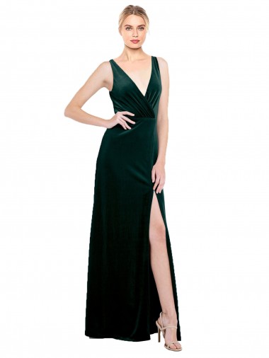 Sleek V-Neck Long Velvet Bridesmaid Dress with Side Slit UK