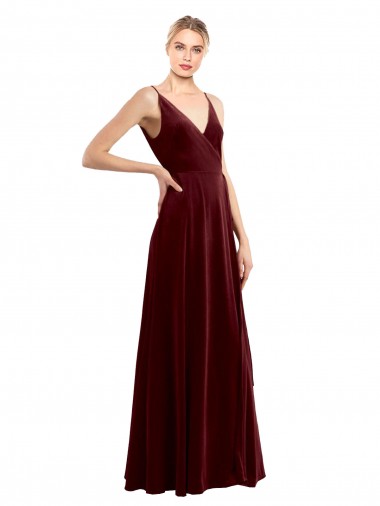 Faux Wrap V-Neck Sleek Long Velvet Bridesmaid Dress UK