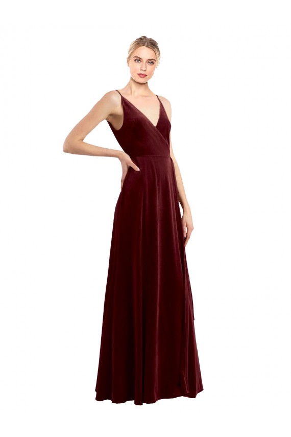 Faux Wrap V-Neck Sleek Long Velvet Bridesmaid Dress UK