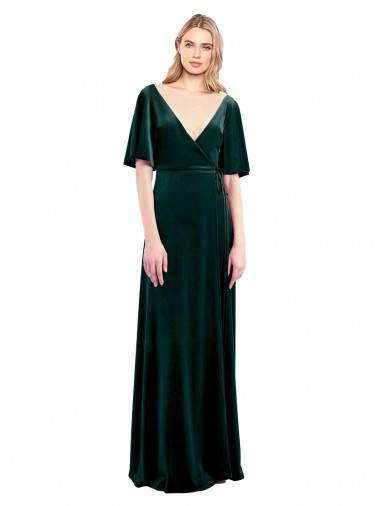 Deep V-Neck Flutter Sleeves Long Velvet Wrap Bridesmaid Dress UK