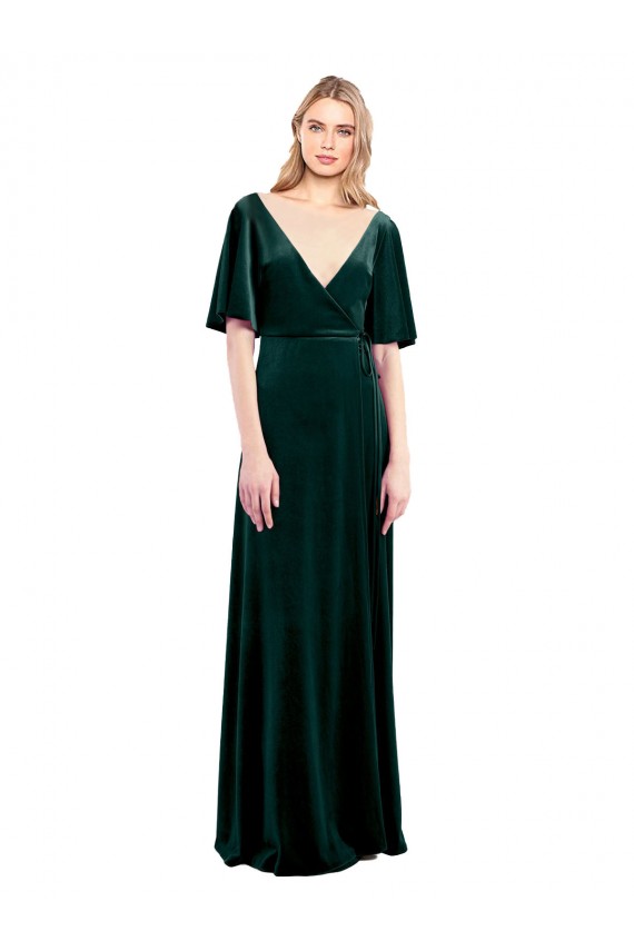 Deep V-Neck Flutter Sleeves Long Velvet Wrap Bridesmaid Dress UK