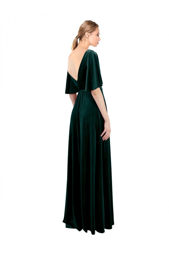 Deep V-Neck Flutter Sleeves Long Velvet Wrap Bridesmaid Dress UK