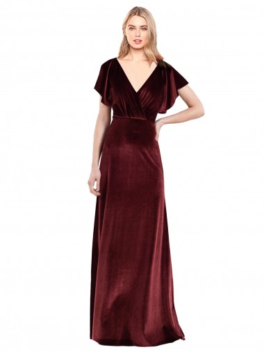 Flutter Sleeves Open Back Long Velvet Bridesmaid Dress UK