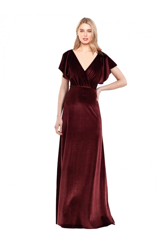 Flutter Sleeves Open Back Long Velvet Bridesmaid Dress UK