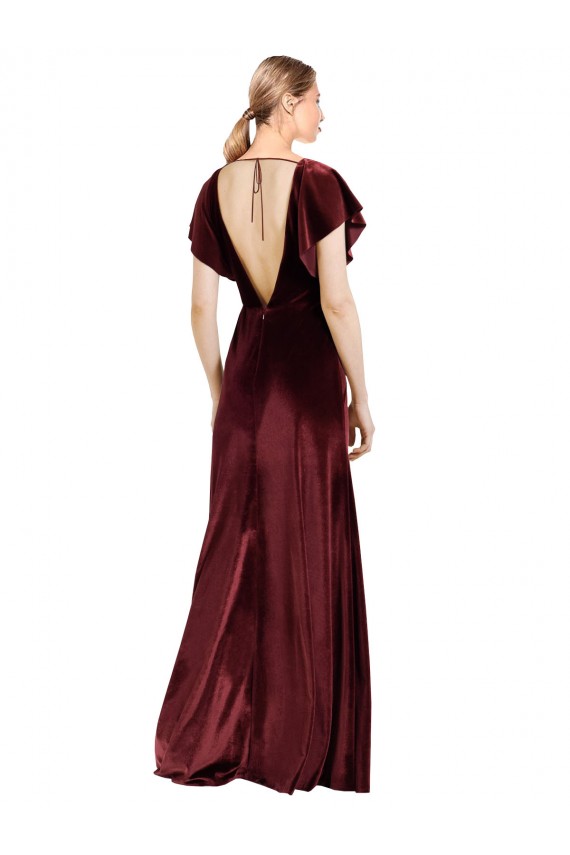 Flutter Sleeves Open Back Long Velvet Bridesmaid Dress UK