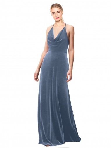 Halter Cowl Neck Long A-Line Velvet Bridesmaid Dress with Keyhole Back UK