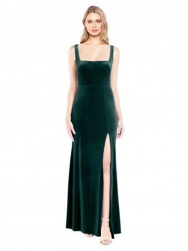 Square Neck Full Length Velvet Bridesmaid Dress with Side Slit UK