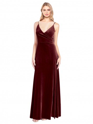 Faux Surplice Neckline Slim A-Line Long Velvet Bridesmaid Dress UK