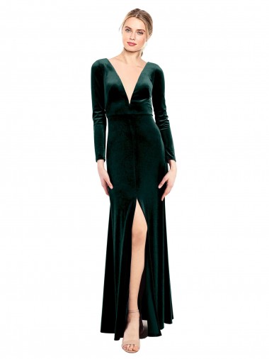 Plunging V-Neckline Long Sleeves Open Back Velvet Bridesmaid Dress UK