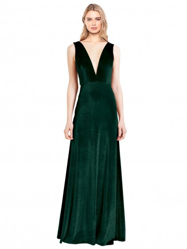 Daring Deep V-Neck Long Full Length Velvet Bridesmaid Dress UK