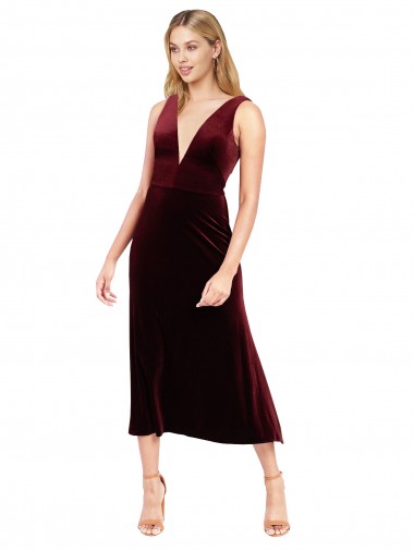 Daring Plunging V-Neckline Short Midi Length Velvet Bridesmaid Dress UK