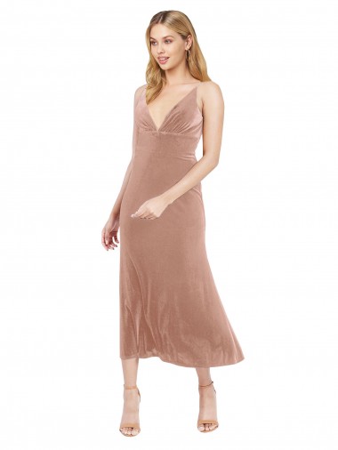 Midi Length Short V-Neck Velvet Bridesmaid Dress with Notched Neckline UK