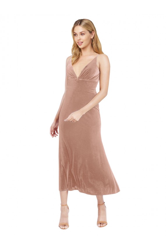 Midi Length Short V-Neck Velvet Bridesmaid Dress with Notched Neckline UK