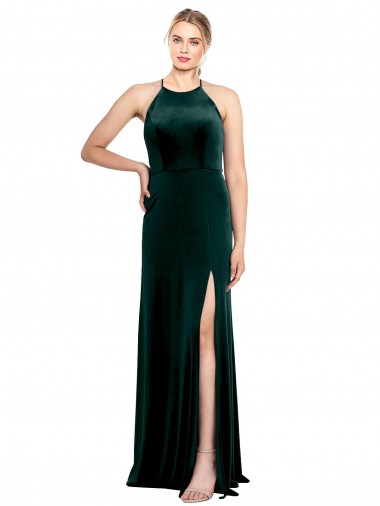 Long Jewel Neck Full Length Velvet Bridesmaid Dress with Side Slit UK