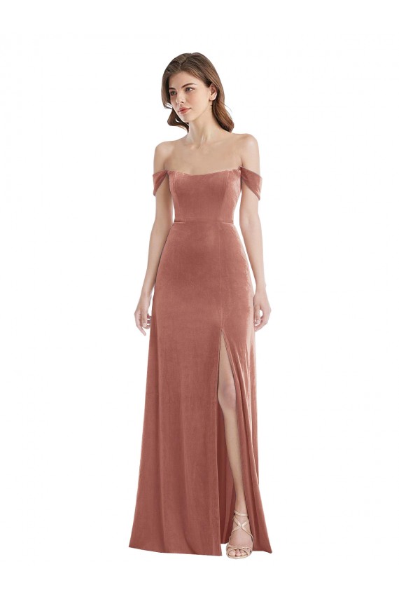 Off the Shoulder Flounce Sleeve Velvet Maxi Bridesmaid Dress UK