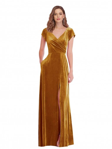 Cap Sleeve Faux Wrap Velvet Maxi Bridesmaid Dress with Pockets UK