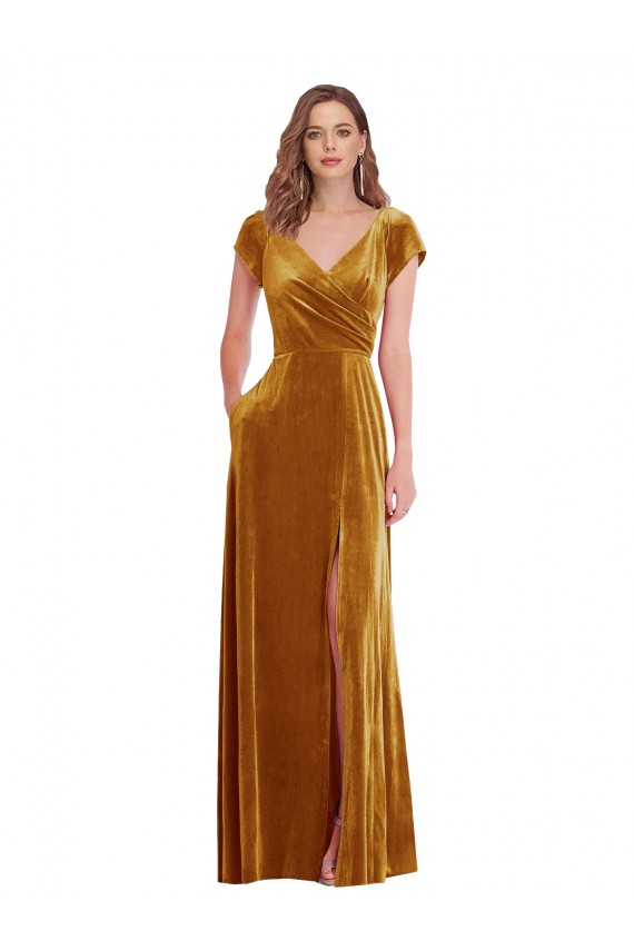 Cap Sleeve Faux Wrap Velvet Maxi Bridesmaid Dress with Pockets UK