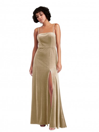 Square Neck Velvet Maxi Bridesmaid Dress with Front Slit UK