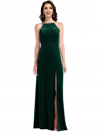 Velvet Halter Maxi Bridesmaid Dress with Front Slit UK