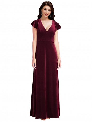 Flutter Sleeve Velvet Maxi Bridesmaid Dress with Pockets UK