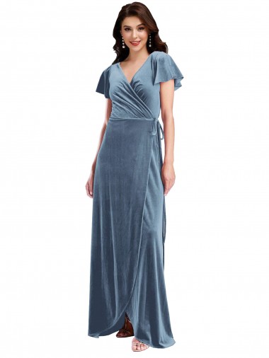 Flutter Sleeve Velvet Wrap Maxi Bridesmaid Dress with Pockets UK