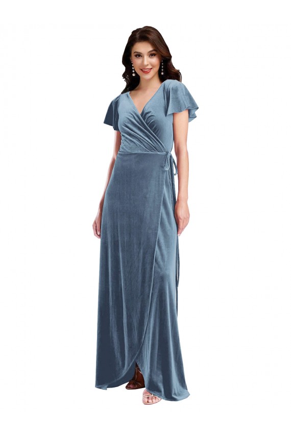 Flutter Sleeve Velvet Wrap Maxi Bridesmaid Dress with Pockets UK