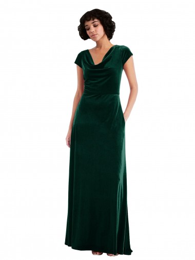 Cowl Neck Cap Sleeve Velvet Maxi Bridesmaid Dress with Pockets UK