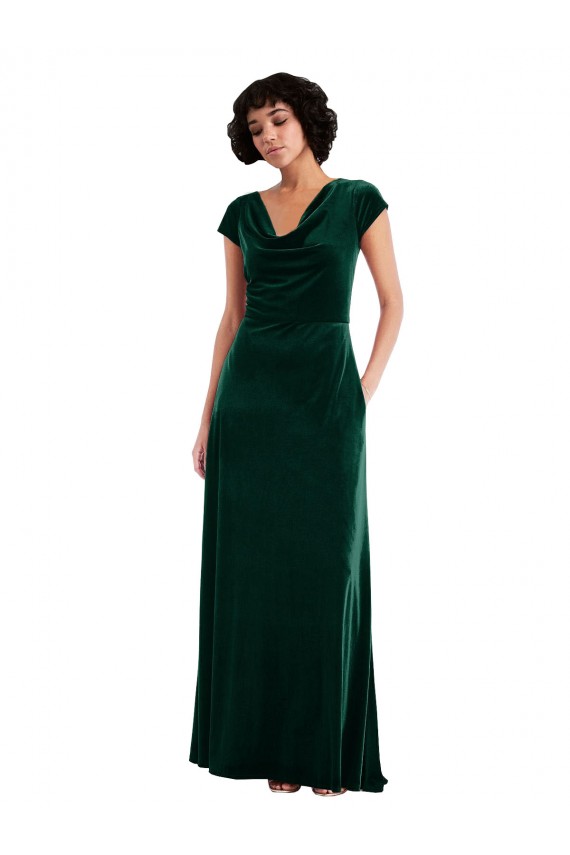 Cowl Neck Cap Sleeve Velvet Maxi Bridesmaid Dress with Pockets UK