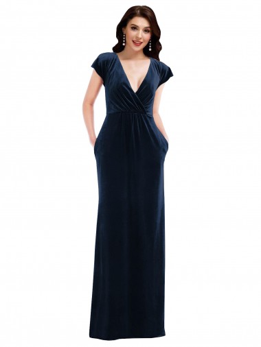 Flutter Sleeve Wrap Bodice Velvet Maxi Bridesmaid Dress with Pockets UK