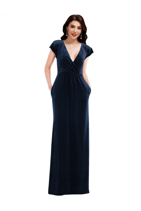 Flutter Sleeve Wrap Bodice Velvet Maxi Bridesmaid Dress with Pockets UK