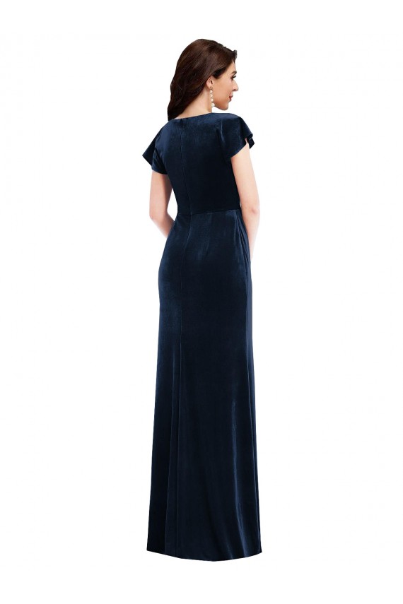 Flutter Sleeve Wrap Bodice Velvet Maxi Bridesmaid Dress with Pockets UK