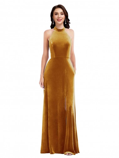 High-Neck Halter Velvet Maxi Bridesmaid Dress with Front Slit UK