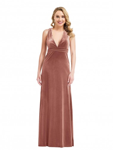 Plunging Neckline Velvet Maxi Bridesmaid Dress with Criss Cross Open Back UK