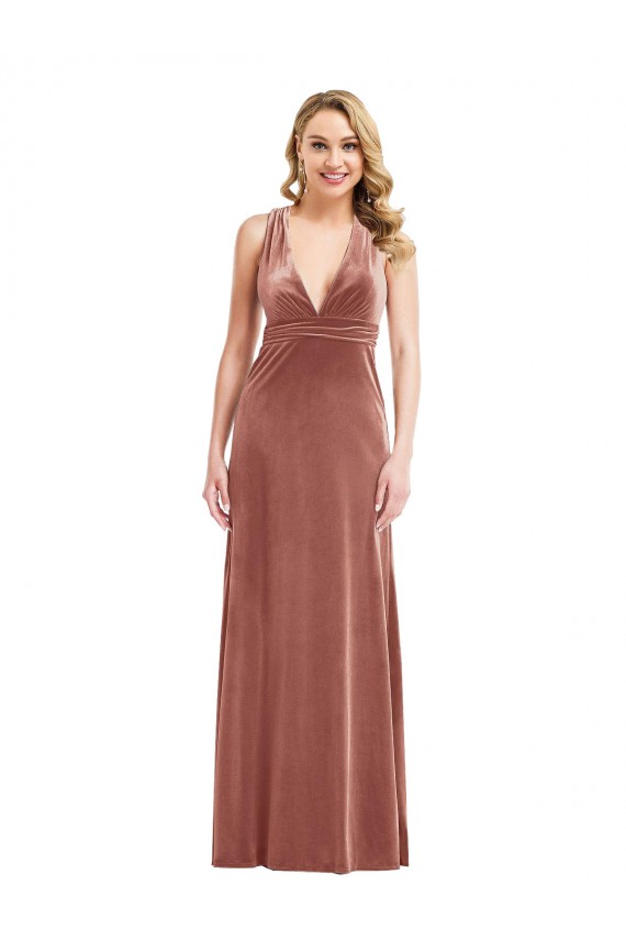 Plunging Neckline Velvet Maxi Bridesmaid Dress with Criss Cross Open Back UK