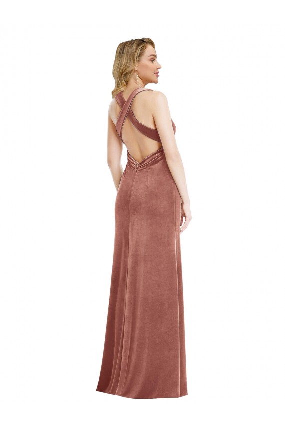 Plunging Neckline Velvet Maxi Bridesmaid Dress with Criss Cross Open Back UK