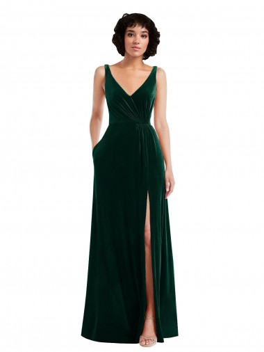 Floor Length Velvet Maxi Bridesmaid Dress with Shirred Bodice and Front Slit UK