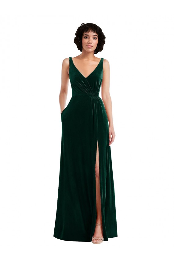 Floor Length Velvet Maxi Bridesmaid Dress with Shirred Bodice and Front Slit UK