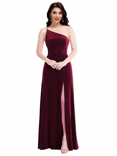 One Shoulder Spaghetti Strap Velvet Maxi Bridesmaid Dress with Pockets UK