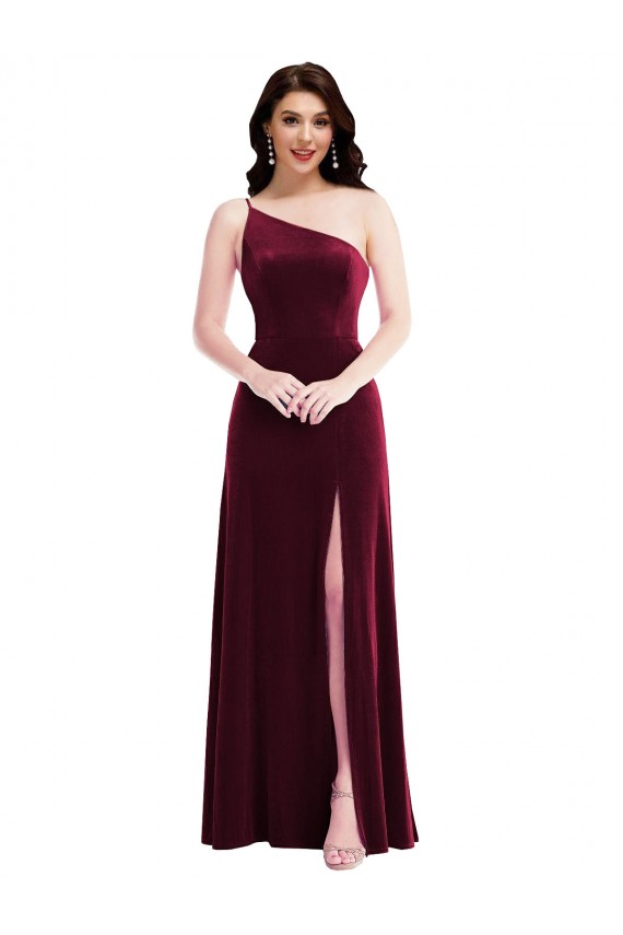 One Shoulder Spaghetti Strap Velvet Maxi Bridesmaid Dress with Pockets UK