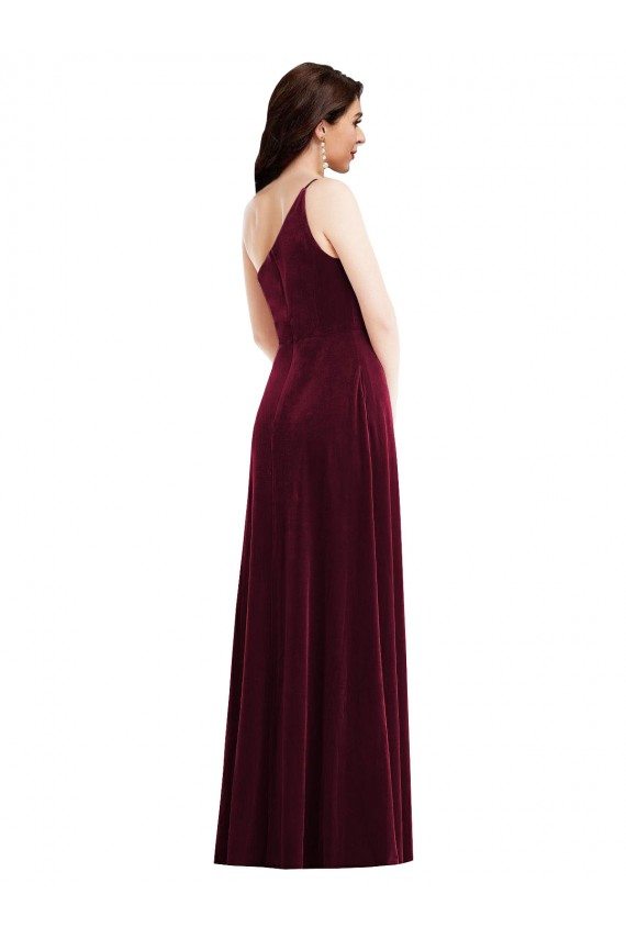 One Shoulder Spaghetti Strap Velvet Maxi Bridesmaid Dress with Pockets UK