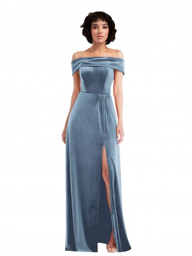 Draped Cuff Off the Shoulder Velvet Maxi Bridesmaid Dress with Pockets UK