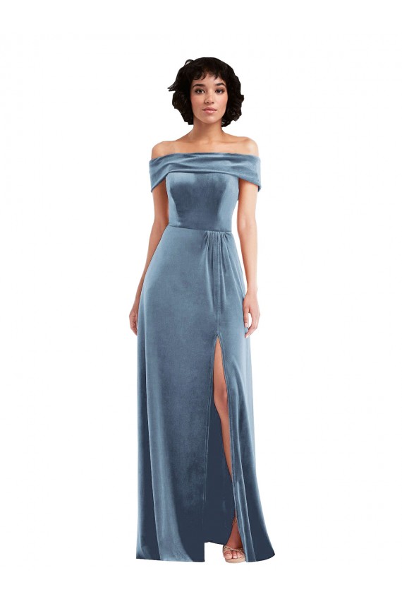 Draped Cuff Off the Shoulder Velvet Maxi Bridesmaid Dress with Pockets UK