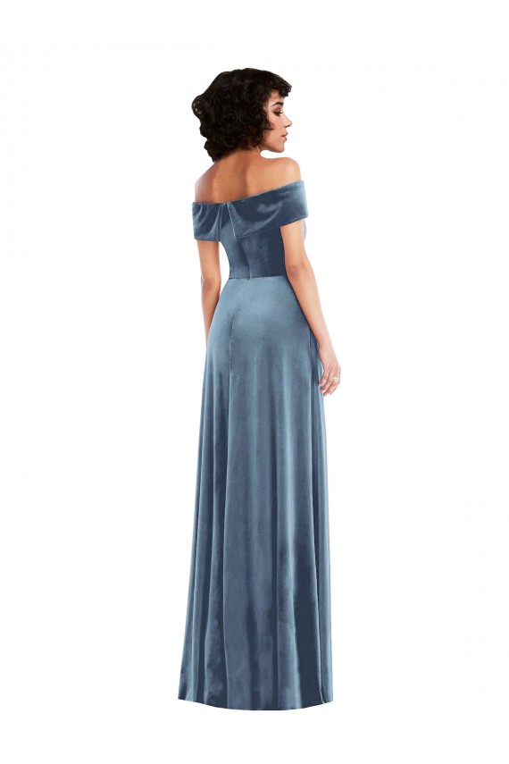 Draped Cuff Off the Shoulder Velvet Maxi Bridesmaid Dress with Pockets UK