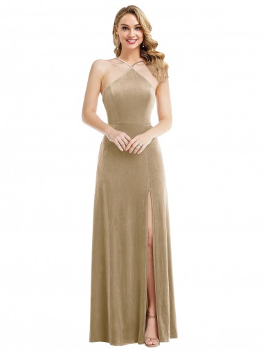 High Neck Halter Open Back Long Velvet Maxi Bridesmaid Dress UK