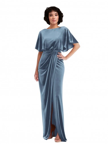 Flutter Sleeve Open Back Velvet Maxi Bridesmaid Dress with Draped Wrap Skirt UK