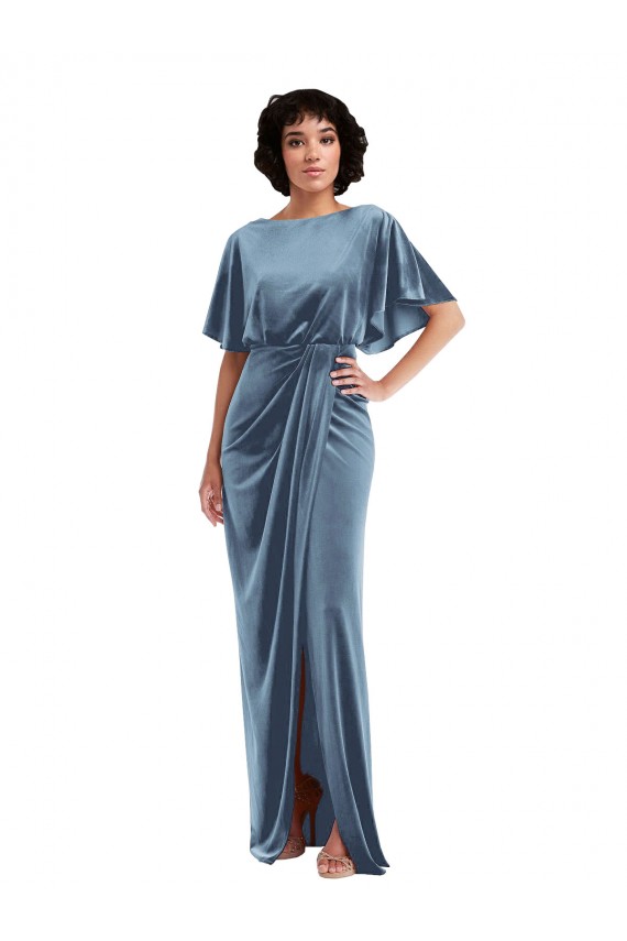 Flutter Sleeve Open Back Velvet Maxi Bridesmaid Dress with Draped Wrap Skirt UK