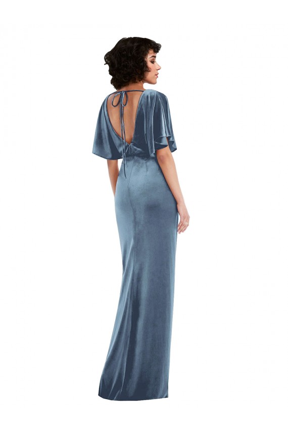 Flutter Sleeve Open Back Velvet Maxi Bridesmaid Dress with Draped Wrap Skirt UK