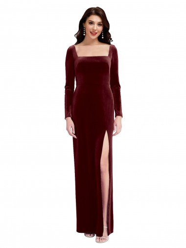 Sleek Square Neck Spaghetti Straps Velvet Bridesmaid Dress with Side Slit UK