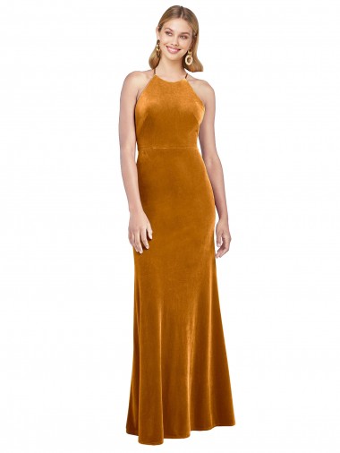 Halter Neckline Long Full Length Velvet Bridesmaid Dress with Strappy Back UK